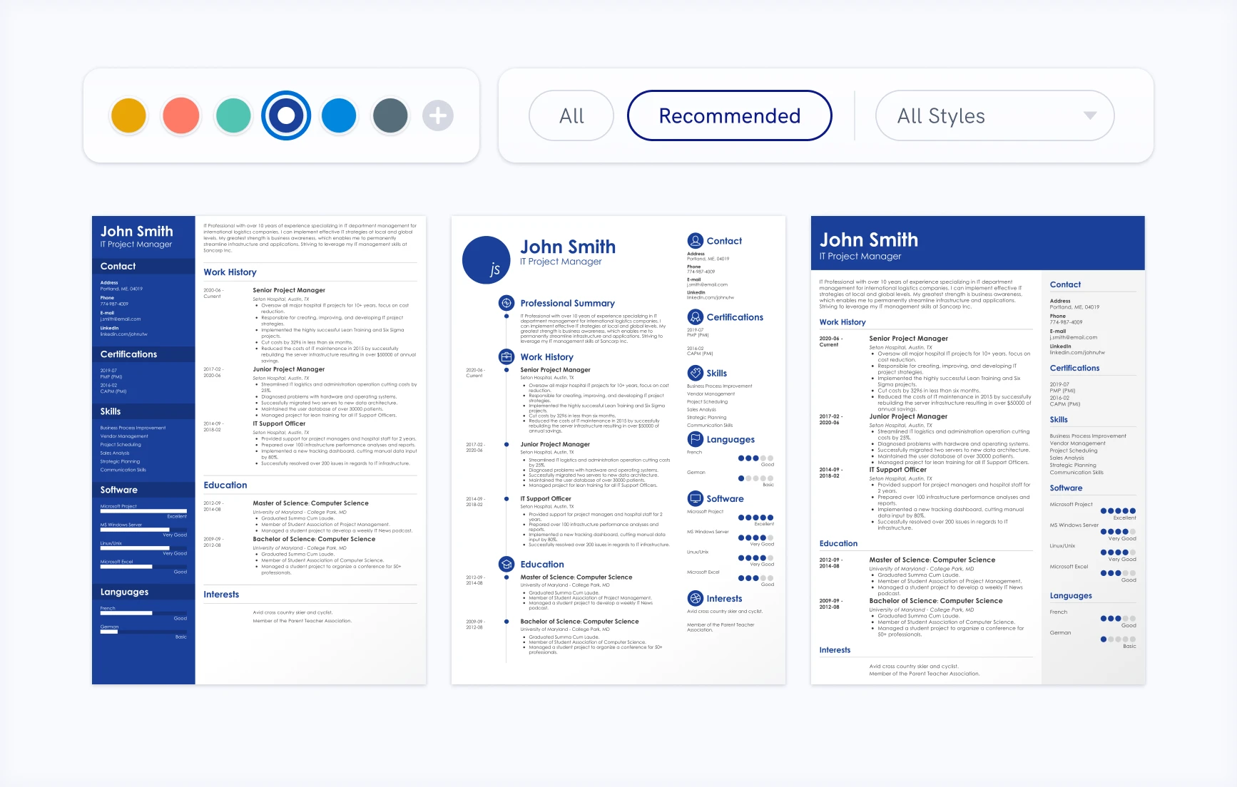 CV generator template selection