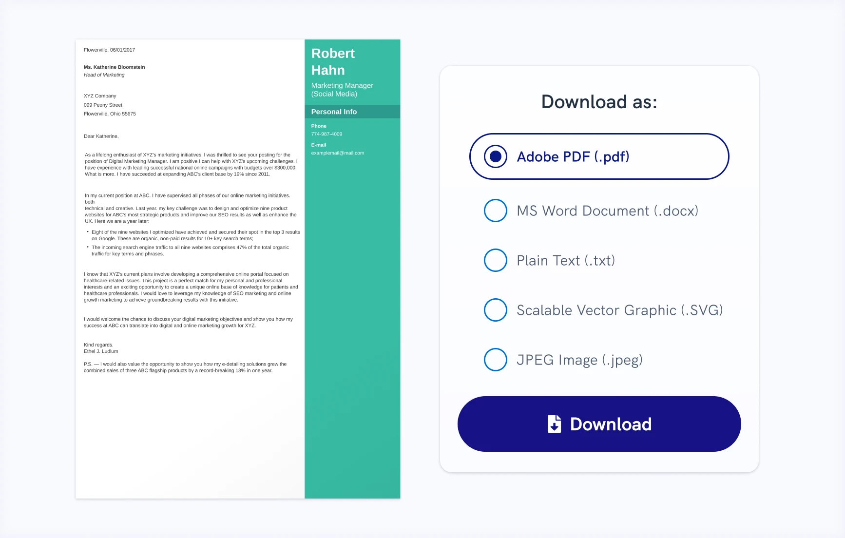 Cover letter builder PDF and Word download feature