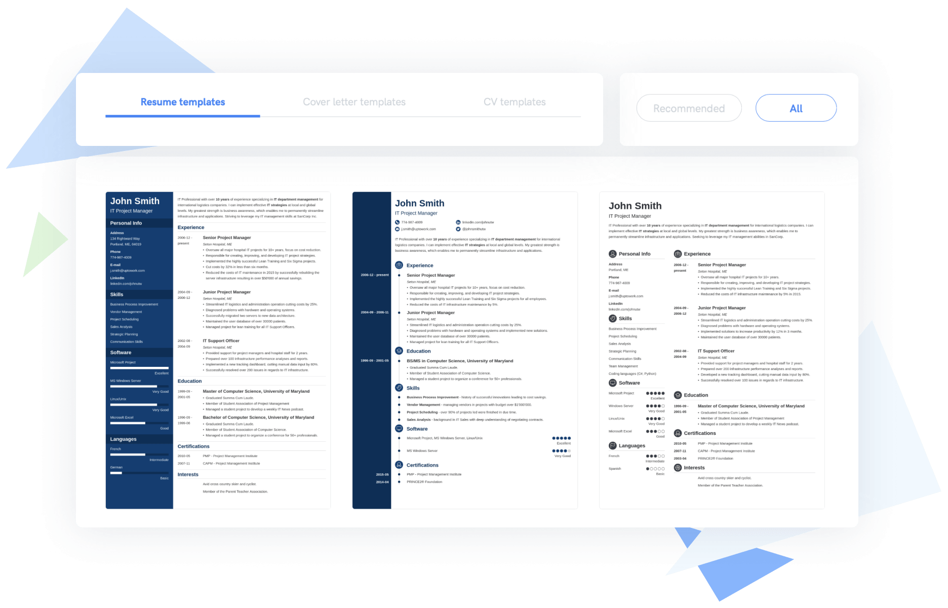 CV generator template selection