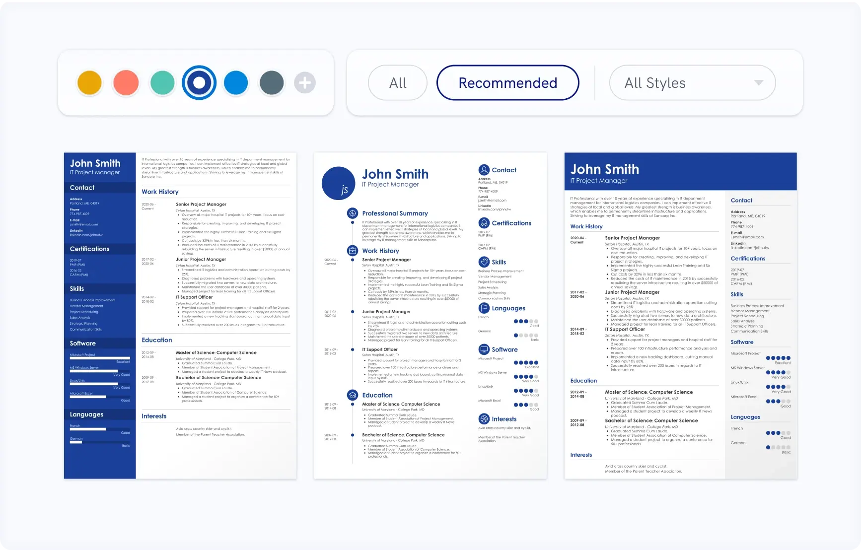 Resume generator template selection