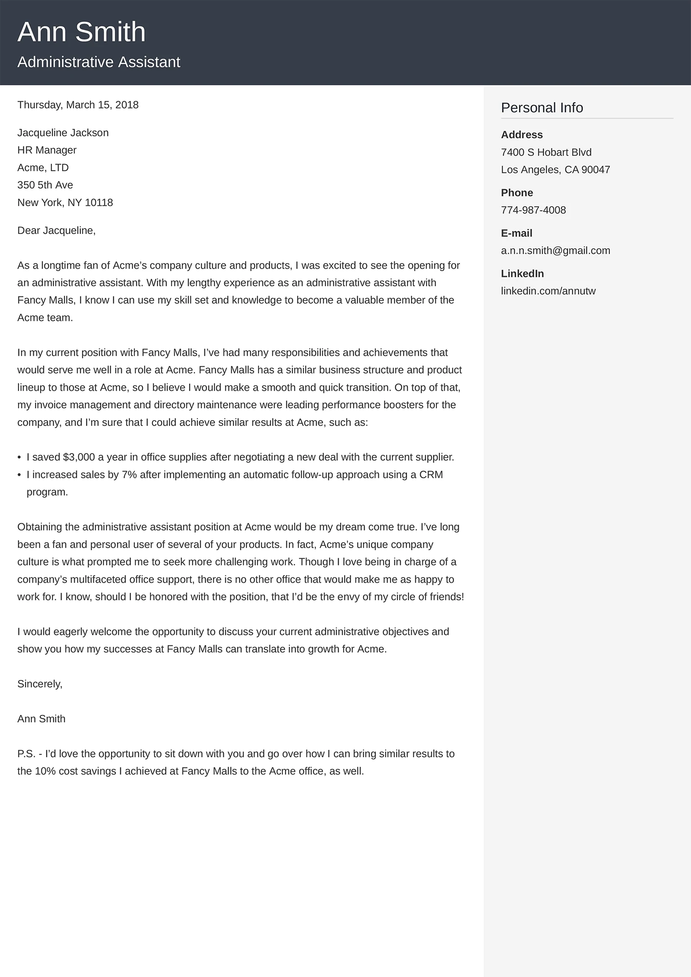 Cover letter example for administrative assistant