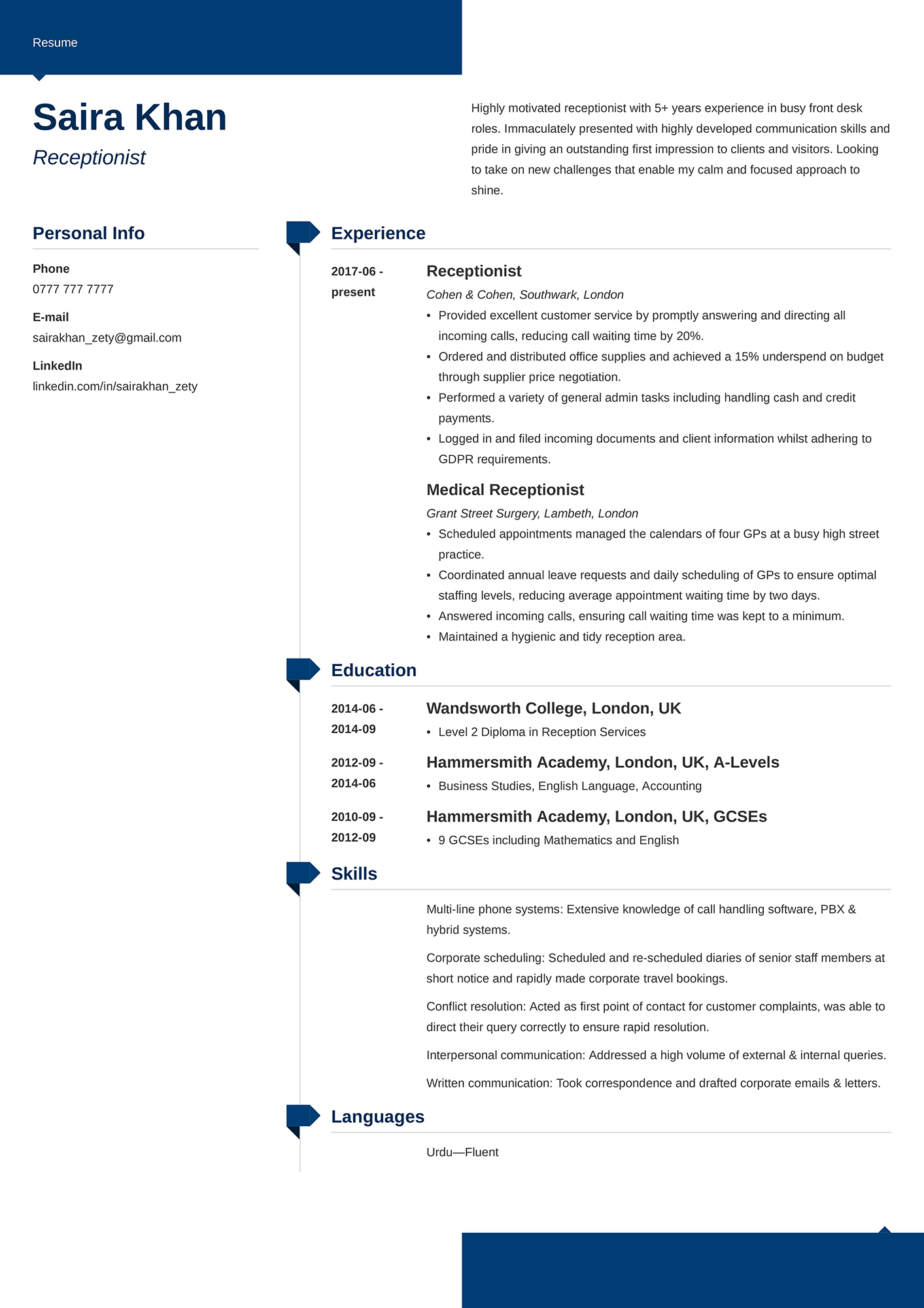 Example of a receptionist CV