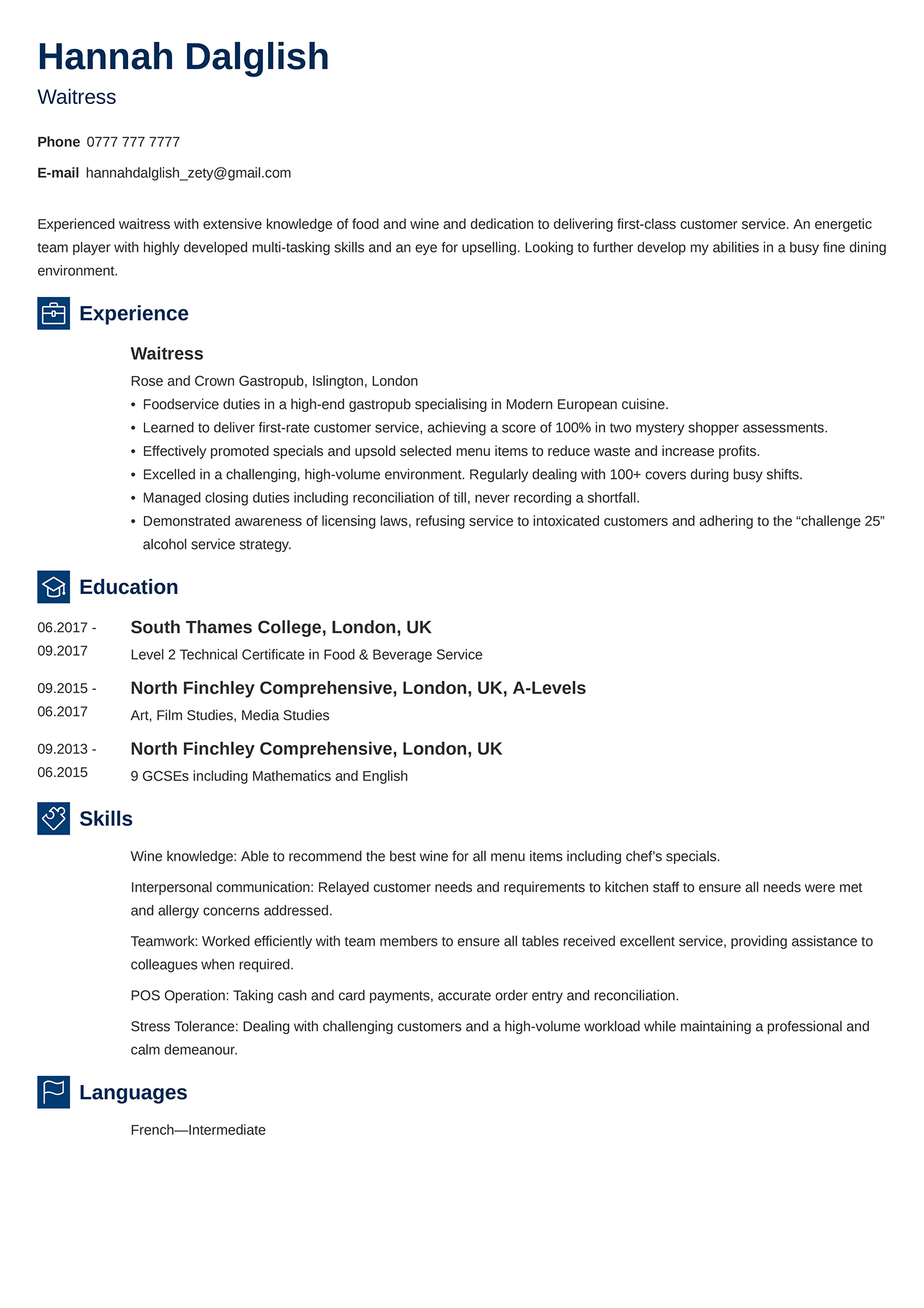 Example of a waitress CV