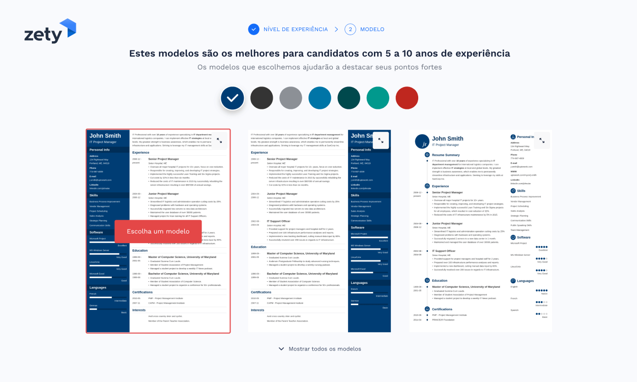 Captura de tela de modelos do gerador de currículos Zety