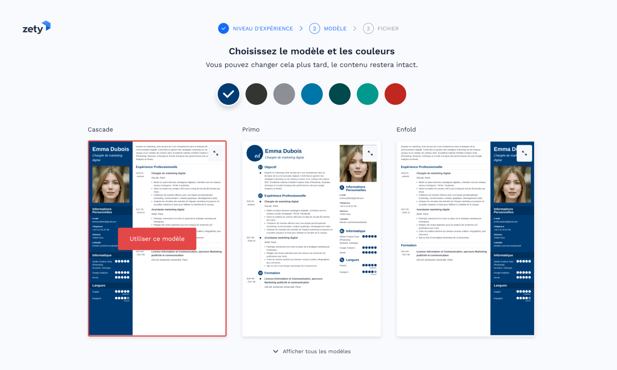 Selection d’un template de CV Zety