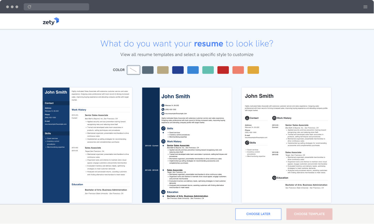 Zety Resume Maker template selection